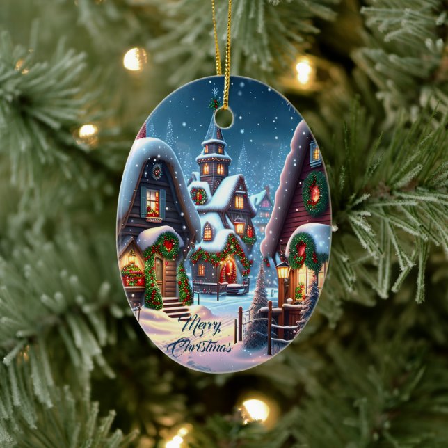 Charming snowy Christmas village custom  Ceramic Tree Decoration (Tree)