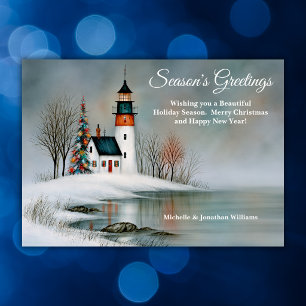 Charming Snowy Coastal Lighthouse Christmas Holiday Card