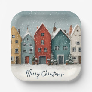 Charming Snowy Village "Merry Christmas" Paper Plate