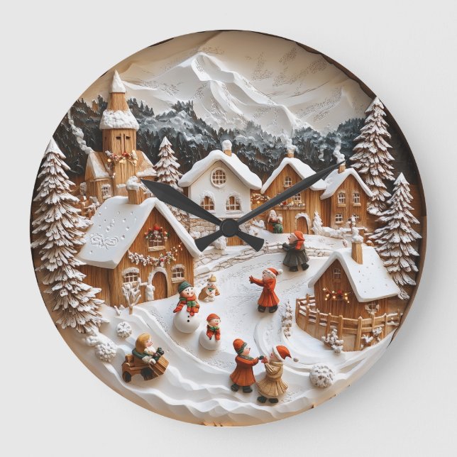 Charming snowy village with fun play large clock (Front)