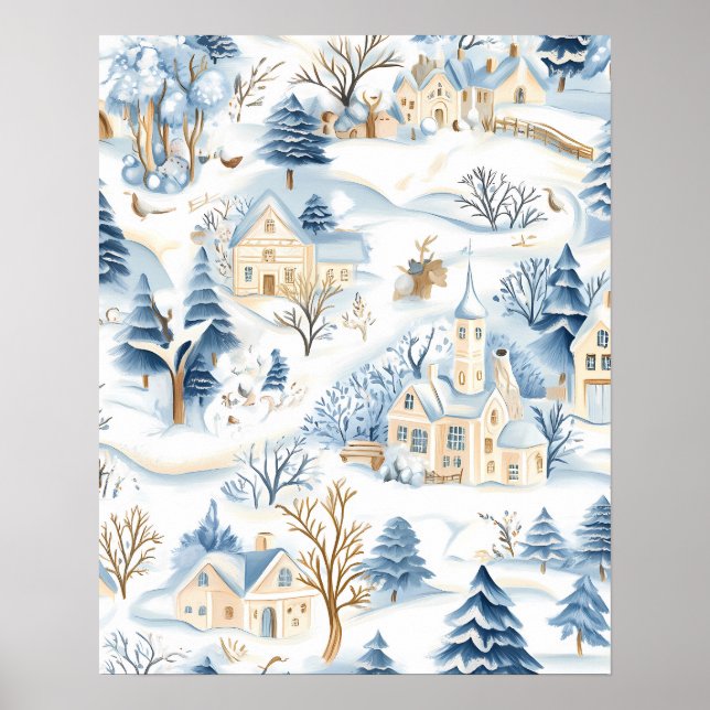 Charming Snowy Village with Woodland Animals Poster (Front)