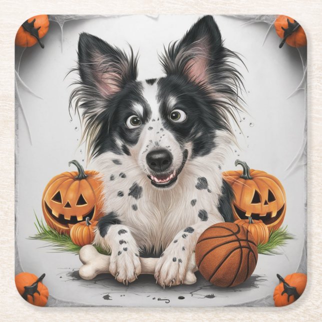 Charming Spotted Dog: Halloween Whimsy with Basket Square Paper Coaster (Front)