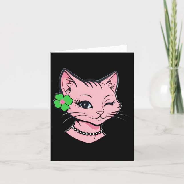 Charming St.patrick's Day Winking Cat With Clover  Card (Front)