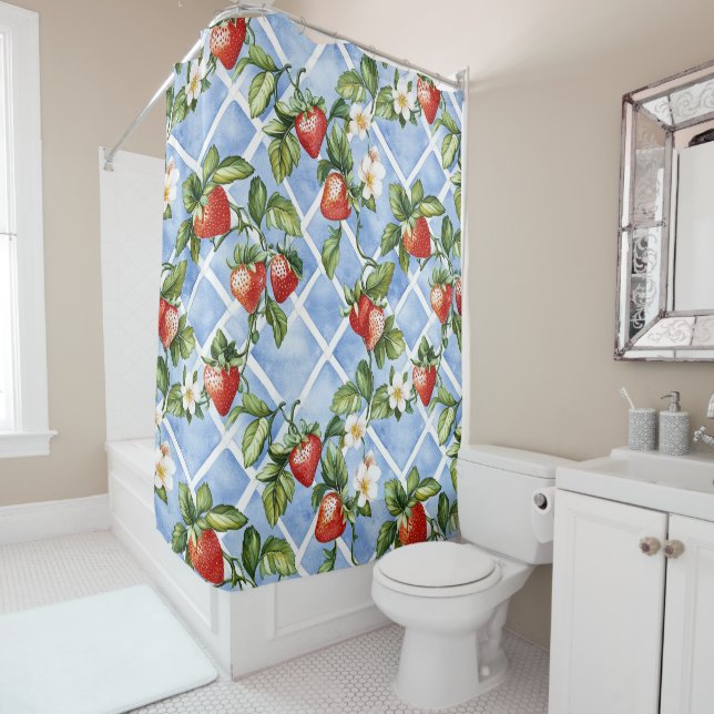 Charming Strawberry & Leaf Pattern – Vintage (2) Shower Curtain (In Situ)