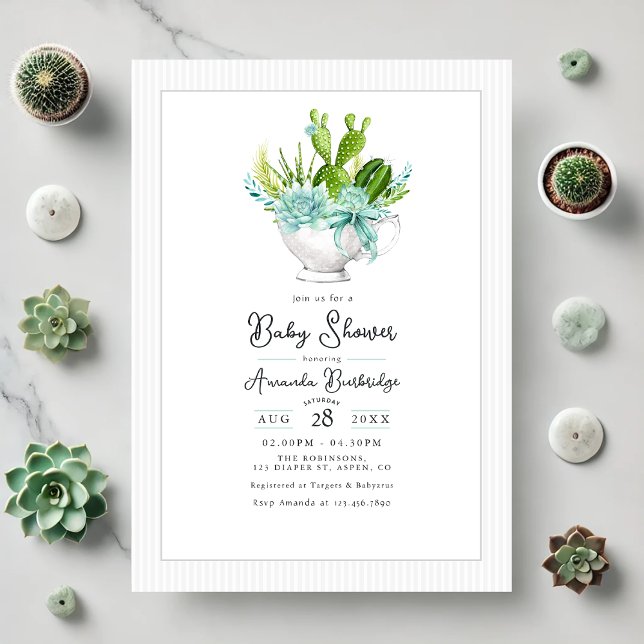 Charming Succulent Teacup Baby Shower Invitation (Charming Succulent Teacup Baby Shower Invitation)