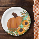 Charming Sunflowers & Orange Pumpkin Paper Plate<br><div class="desc">Pumpkin and sunflower themed paper plates with a beautiful illustration of a pumpkin with a sunflower floral arrangement with flowers in yellow and mint, and berry sprigs with orange berries. Perfect for autumn baby showers, fall baby shower, pumpkin baby showers as well as autumn weddings, fall weddings, country weddings, rustic...</div>
