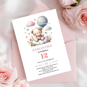 Charming teddy bear floral balloon birthday invite