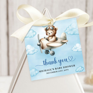Charming Teddy Bear Pilot Blue Brown Baby Shower Favour Tags
