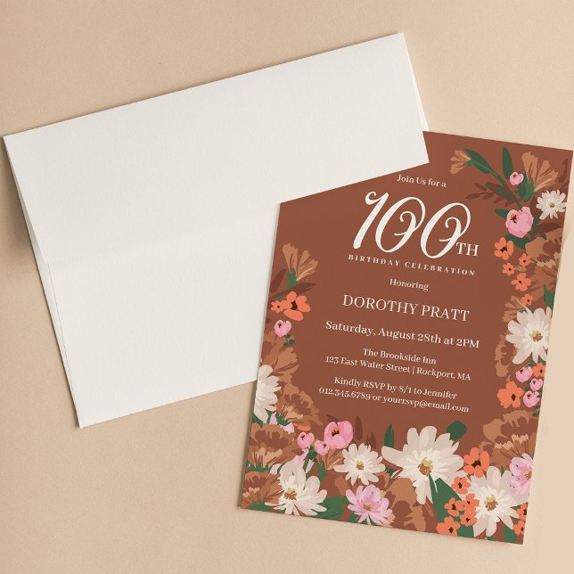 Charming Terracotta Fall Floral 100th Birthday Invitation (Creator Uploaded)