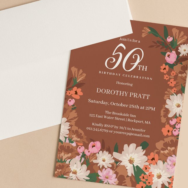 Charming Terracotta Fall Floral 50th Birthday Invitation (Creator Uploaded)