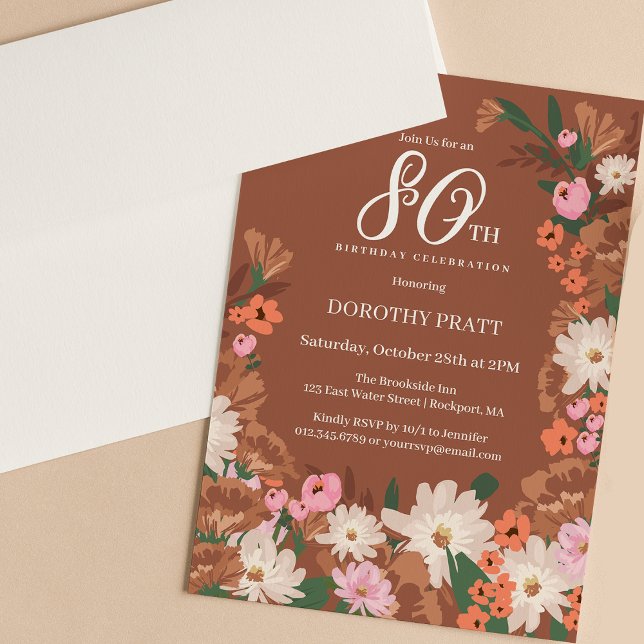 Charming Terracotta Fall Floral 80th Birthday Invitation (Creator Uploaded)