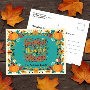 Charming Thankful Grateful Blessed Folk Art Postcard