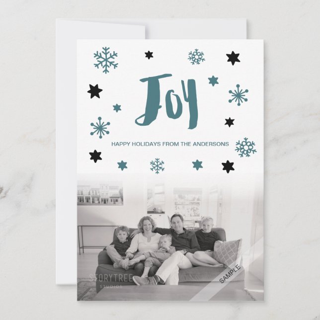 Charming Trendy Joy Blue Green Holiday Photo Card (Front)