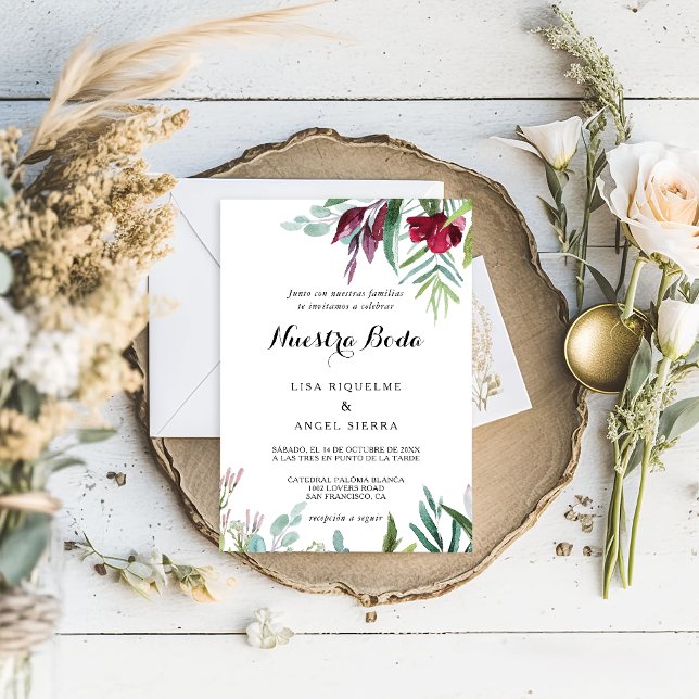 Charming Tropical Floral Greenery Spanish Wedding Invitation (Creator Uploaded)