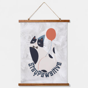 Charming Tuxedo Cat Stay Pawsitive Wood Topped Tap Hanging Tapestry