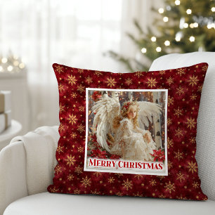 Charming Victorian Angel Red Gold Accent Christmas Cushion