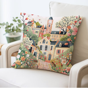 Charming Village Scene Pillow, Whimsical Pastel  Cushion
