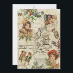 Charming Vintage Christmas Ephemera Collage Holiday Card<br><div class="desc">Festive and charming Christmas collage featuring vignettes of cute smiling children dressed for winter,  Christmas music and text,  engraved Santa illustration,  stockings being hung over the hearth,  sprigs of holly and winter pine on a distressed parchment background.</div>