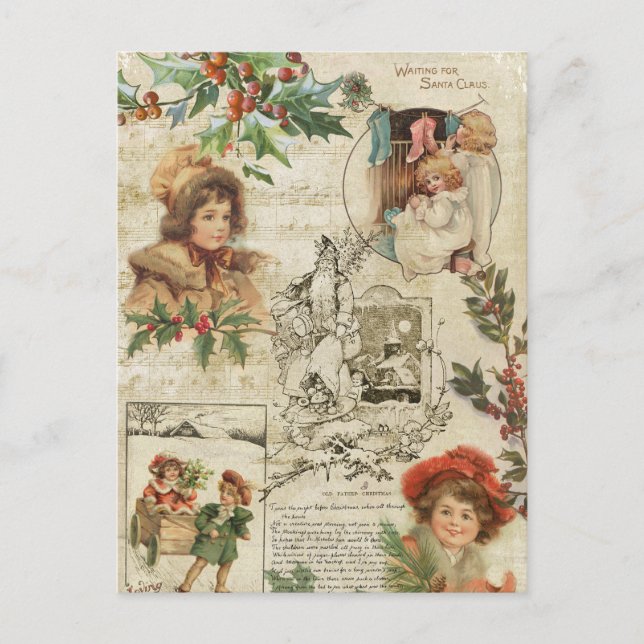 Charming Vintage Christmas Ephemera Collage Holiday Postcard (Front)