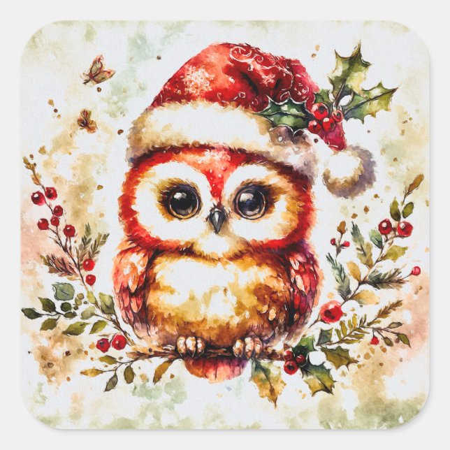 Charming Vintage Christmas Owl Square Sticker (Front)