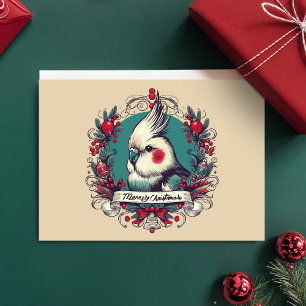 Charming Vintage Cockatiel Holiday Wreath Pet Bird Card