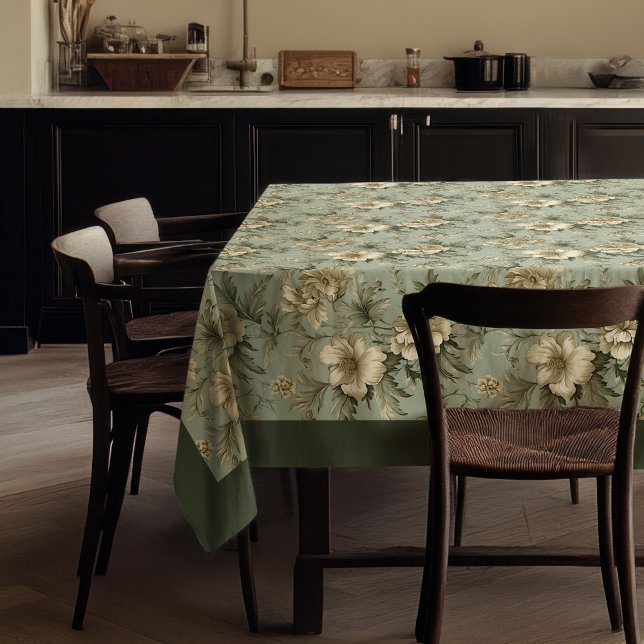 Charming vintage dusty green and gold flowers tablecloth (Charming vintage dusty green and gold flowers tablecloth)
