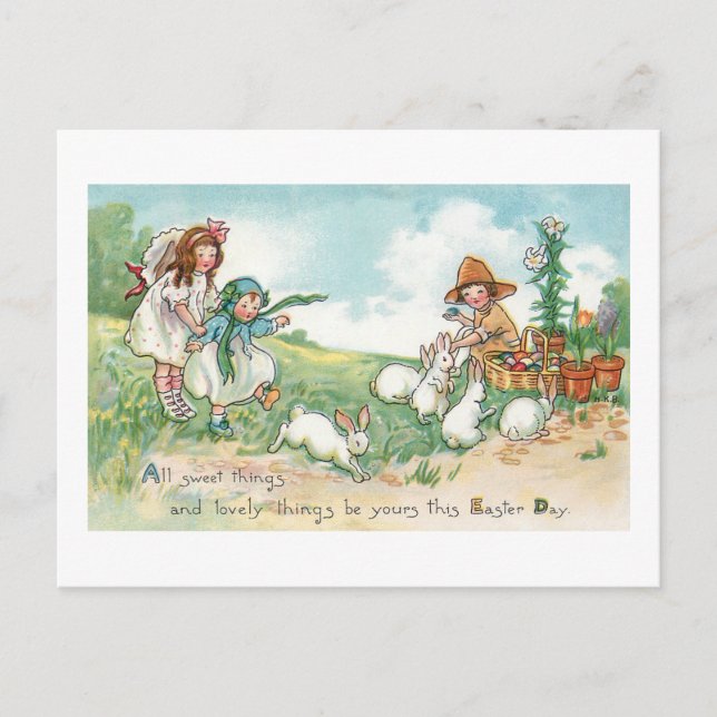 Charming Vintage Easter Bunnies and Children Postcard (Front)