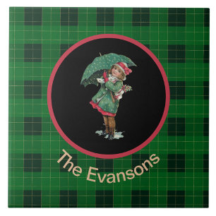 Charming Vintage Girl with Umbrella on Green Tile