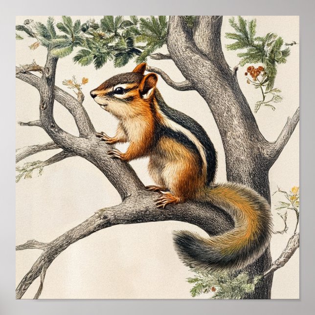 Charming Vintage Illustration of a Chipmunk Poster (Front)