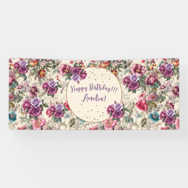 Charming Vintage Inspired Floral Happy Birthday Banner (Horizontal)