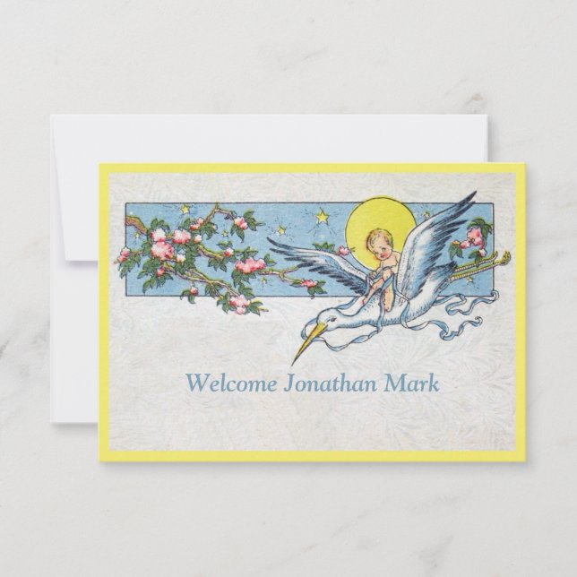 Charming vintage stork moon baby boy announcement (Front)