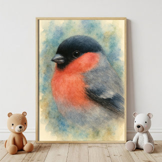 Charming Watercolor Bullfinch Bird Art Poster