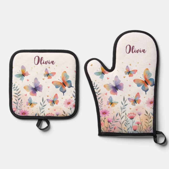 Charming Watercolor Butterfly Meadow Oven Mitt & Pot Holder Set (Front)
