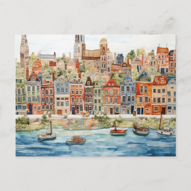 Charming Watercolor Cityscape of Belgian Postcard (Front)