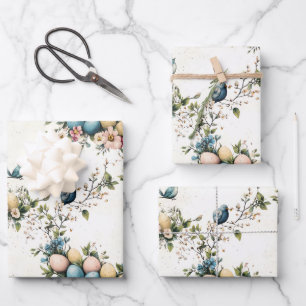 Charming Watercolor Easter Birds & Floral Spring Wrapping Paper Sheet