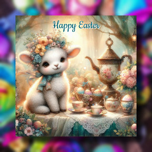 Charming Watercolor Lamb Easter Tea Party Holiday Card