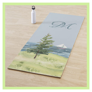 Charming Watercolor Lighthouse Coastal Monogram Yoga Mat