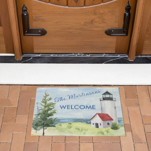 Charming Watercolor Lighthouse Scene Welcome Name  Doormat