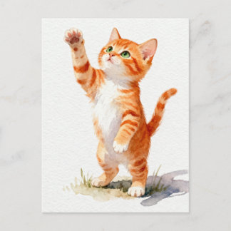 Charming Watercolor Orange Tabby Kitten Reaching Postcard