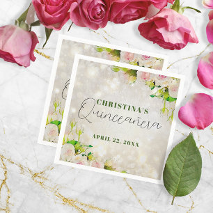 Charming Watercolor Pink Roses Quinceañera Napkin
