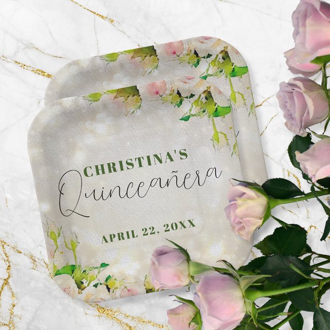 Charming Watercolor Pink Roses Quinceañera Paper Plate (Creator Uploaded)