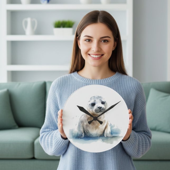  Charming Watercolor Seal Pup Round Clock (Creator Uploaded)