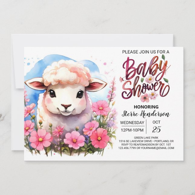 Charming Watercolor Sheep Pink Girl Baby Shower Invitation (Front)