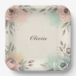 Charming Watercolor Sketchy Flowers Paper Plate