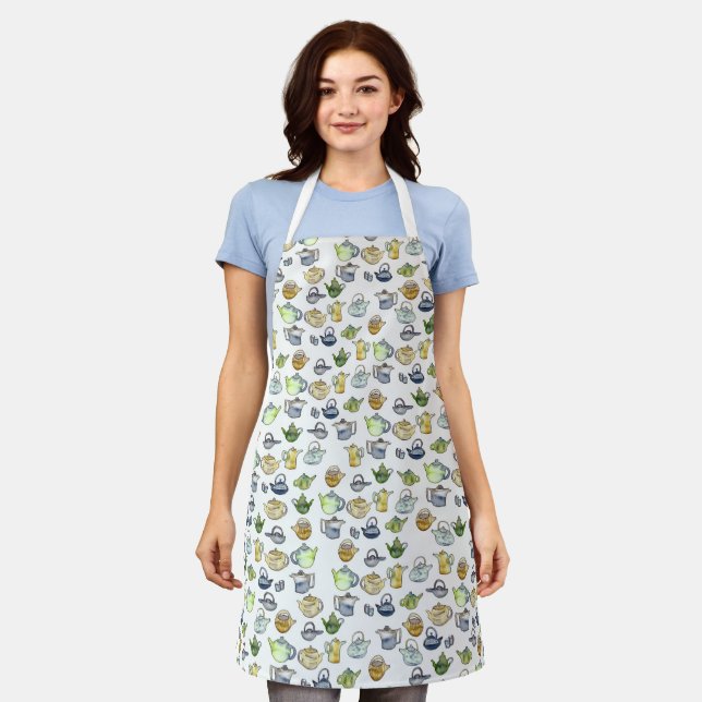 Charming Watercolor Teapots Tea Pattern Unique Apron (Worn)