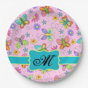 Charming Whimsy Butterflies Pink Monogram Paper Plate