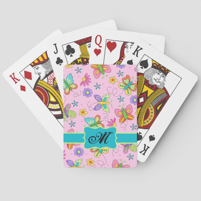Charming Whimsy Butterflies Pink Monogram Playing Cards (Back)