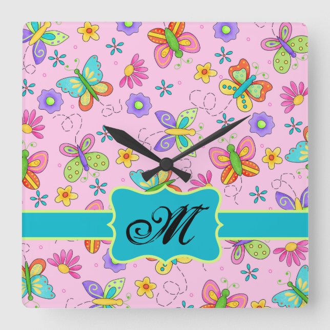 Charming Whimsy Butterflies Pink Monogram Square Wall Clock (Front)