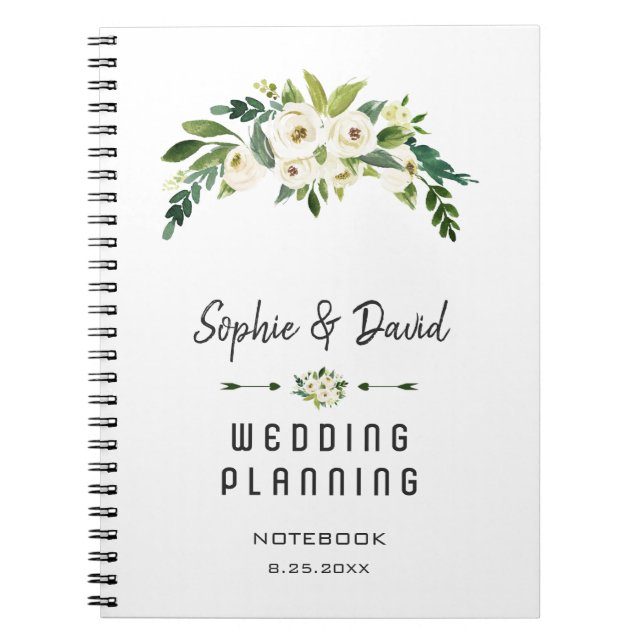 Charming White Blooming Floral Wedding Planner Notebook (Front)