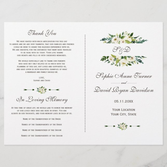 Charming White Blooming Floral Wedding Program Flyer (Front)